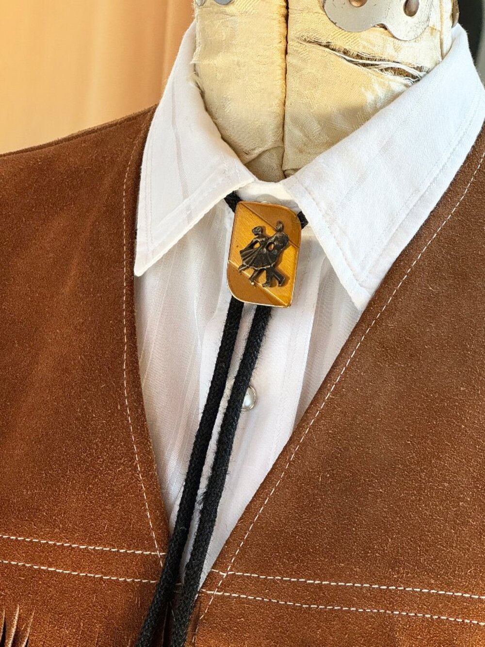 Vintage Western Square Dancing Bolo Tie Gold Tone Black Cord 34"